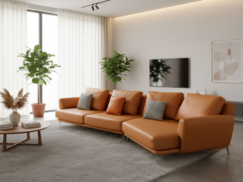 Bộ sofa da góc màu cam nổi bật trong không gian phòng khách hiện đại, sang trọng. Sofa có thiết kế chữ L, đặt trên thảm lô…