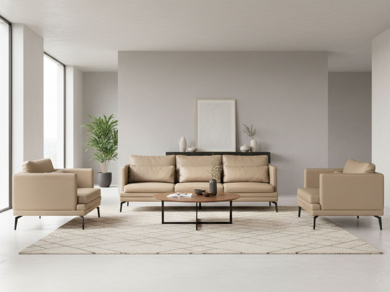 Bộ sofa BM001-113-C1050 phong cách hiện đại gồm một ghế đơn và một ghế băng dài màu nâu be, đặt trong phòng khách tông sán…