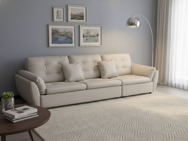 Sofa băng 2m8 SFA07-28 màu be nhạt, chụp góc ngang trong không gian phòng khách hiện đại. Sofa có ba đệm ngồi và ba tựa lư…