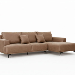 Sofa 2 băng góc trái SF8037-Lex30 chụp chính diện trên nền trắng tinh khiết. Sofa có màu nâu be ấm áp với thiết kế tối giả…