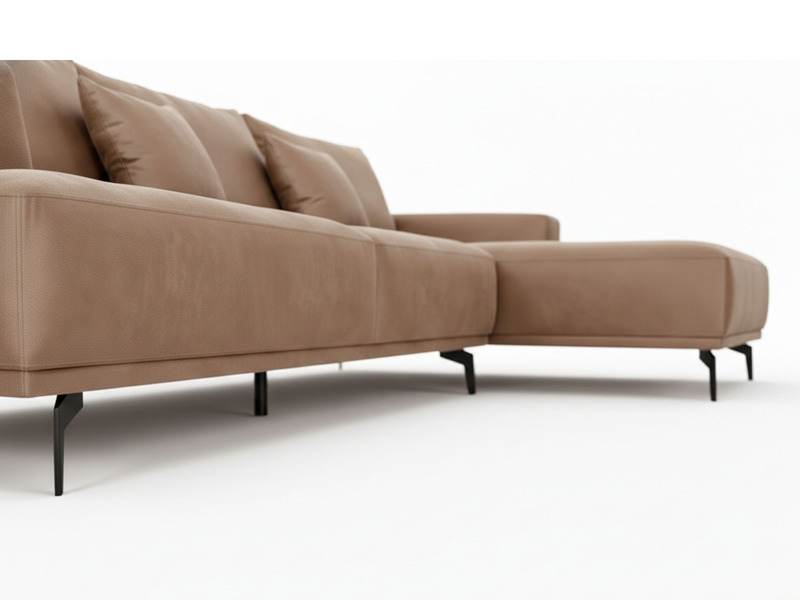 Góc chụp cận cảnh phần chân và cạnh dưới của sofa góc trái SF8037-Lex30. Chân sofa làm từ kim loại mạ tĩnh điện màu đen, t…