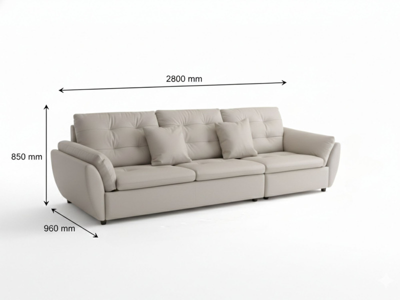 Sofa băng 2m8 SFA07-28 màu be nhạt, chụp góc 3/4 từ phía trước trên nền trắng studio, kèm theo chú thích kích thước chi ti…
