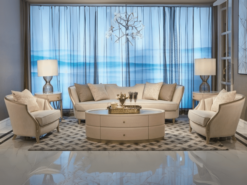 Toàn cảnh bộ sofa Phong Cách Mỹ SFM808-113 màu be nhạt, đặt trong phòng khách sang trọng với sàn đá bóng loáng và rèm cửa…
