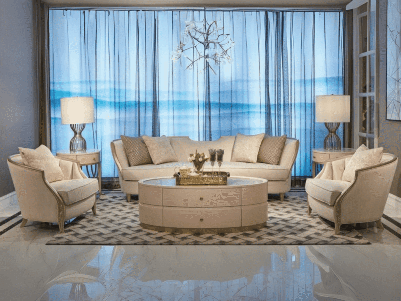 Toàn cảnh bộ sofa Phong Cách Mỹ SFM808-113 màu be nhạt, đặt trong phòng khách sang trọng với sàn đá bóng loáng và rèm cửa…