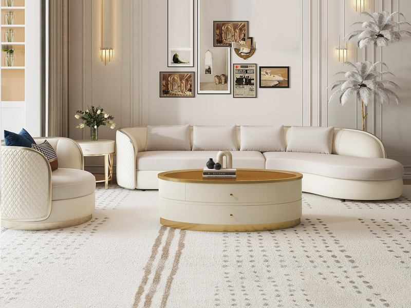 Hình ảnh tổng thể một bộ sofa cong phong cách hiện đại luxury trong phòng khách sang trọng. Bộ sofa màu kem nhạt với thiết…