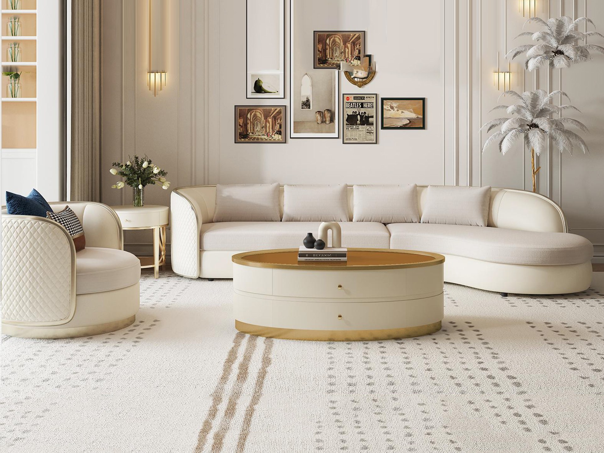 Hình ảnh tổng thể một bộ sofa cong phong cách hiện đại luxury trong phòng khách sang trọng. Bộ sofa màu kem nhạt với thiết…