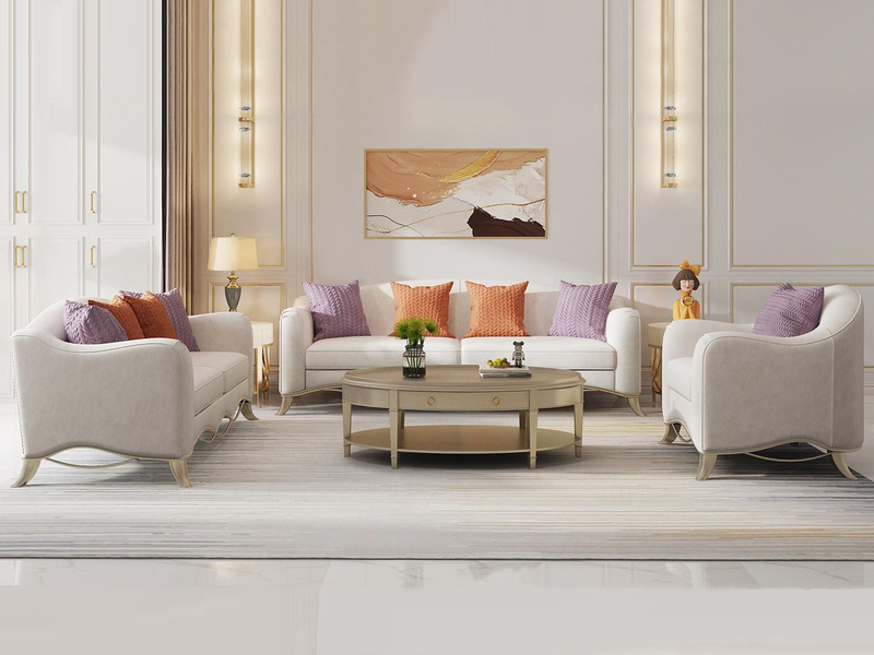 Toàn cảnh bộ sofa Phong Cách Mỹ SF003-123 gồm một ghế đơn, một sofa băng dài và một ghế đơn khác, đặt đối xứng trong phòng…