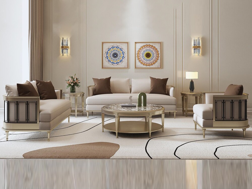 Toàn cảnh bộ sofa hoàn chỉnh gồm một sofa băng dài và hai sofa đơn, được bố trí hài hòa trong phòng khách. Các ghế sofa bọ…