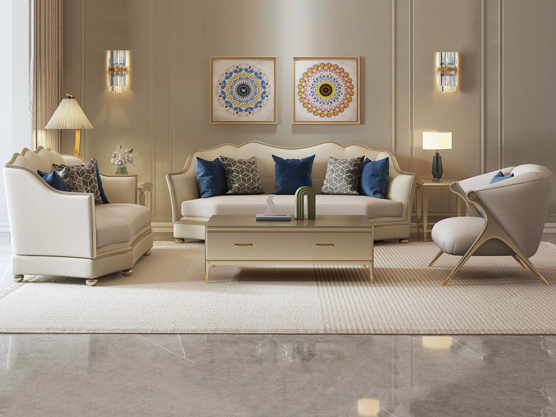 Toàn cảnh bộ sofa Phong Cách Mỹ SF618011-123 màu kem nhạt, đặt trong phòng khách sang trọng. Bộ sản phẩm gồm một ghế đơn…