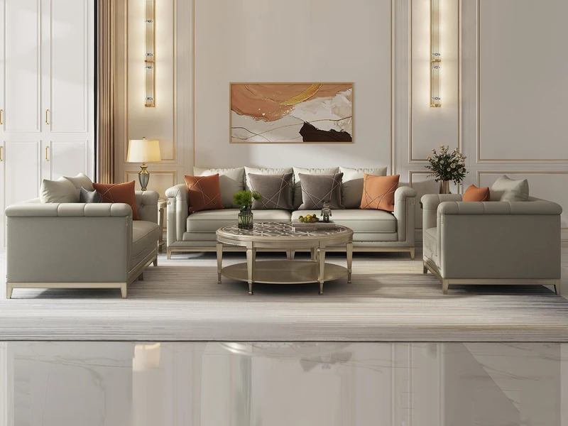 Toàn cảnh bộ sofa Phong Cách Mỹ SF618015-123 màu be nhạt sang trọng, đặt trong không gian phòng khách tân cổ điển. Bộ sofa…