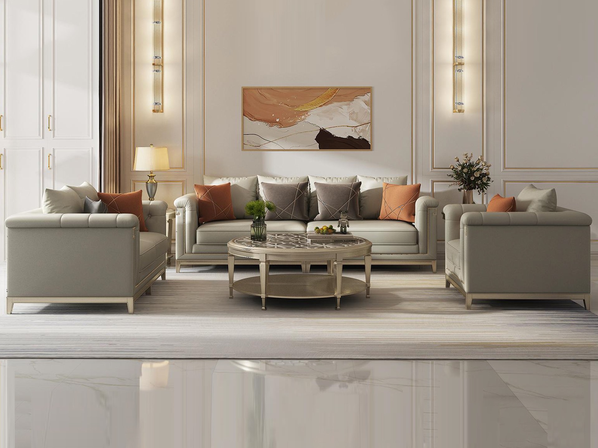 Toàn cảnh bộ sofa Phong Cách Mỹ SF618015-123 màu be nhạt sang trọng, đặt trong không gian phòng khách tân cổ điển. Bộ sofa…