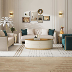 Bộ sofa phòng khách phong cách Mỹ luxury được chụp toàn cảnh, bao gồm một sofa văng dài, một sofa văng nhỏ và một ghế đơn…