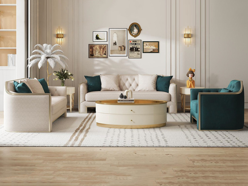 Bộ sofa phòng khách phong cách Mỹ luxury được chụp toàn cảnh, bao gồm một sofa văng dài, một sofa văng nhỏ và một ghế đơn…