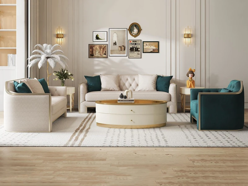Bộ sofa phòng khách phong cách Mỹ luxury được chụp toàn cảnh, bao gồm một sofa văng dài, một sofa văng nhỏ và một ghế đơn…