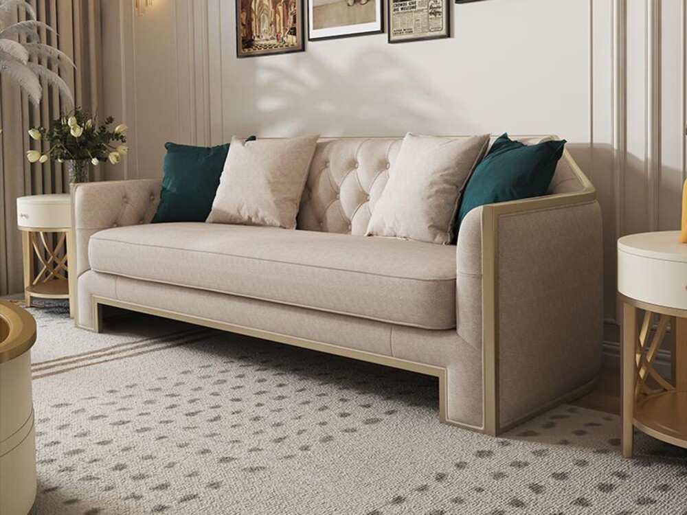 Cận cảnh sofa văng 3 chỗ ngồi của bộ sofa Phong Cách Mỹ SF618017-123, được chụp từ góc thấp phía trước bên phải. Sofa bọc…