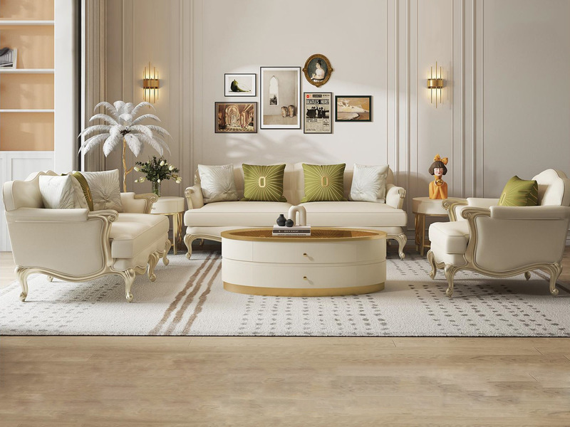 Toàn cảnh bộ sofa tân cổ điển SF619012-123 màu kem nhạt, đặt trong phòng khách sang trọng. Bộ sản phẩm gồm một sofa băng d…