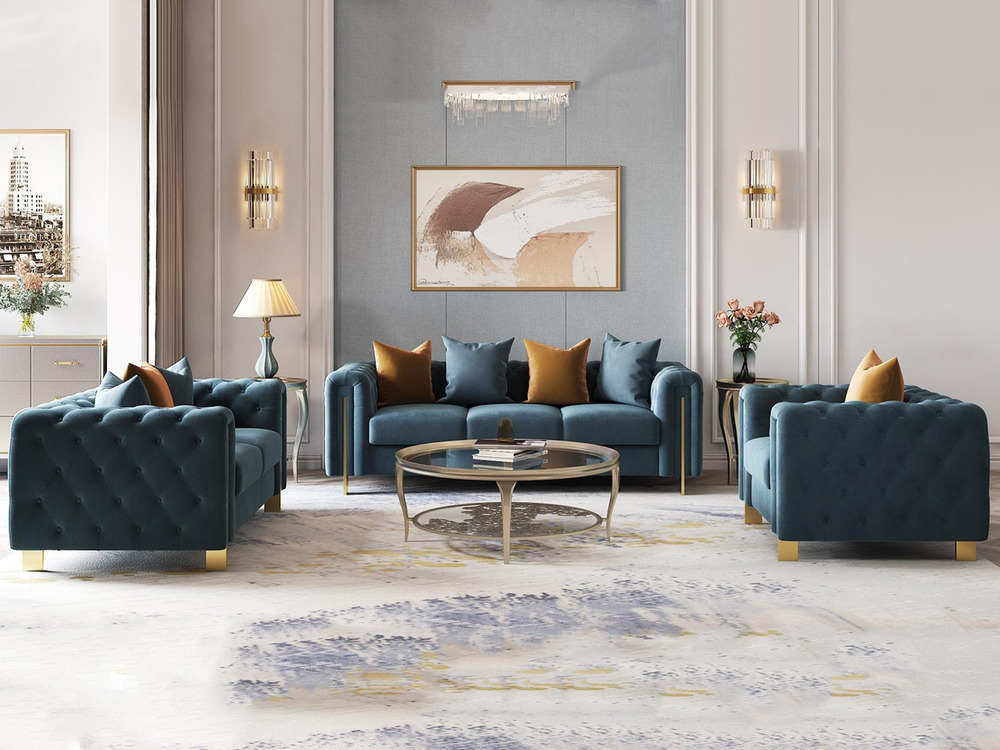 Bộ sofa phong cách Mỹ gồm một băng ba và hai ghế đơn, bọc vải nhung màu xanh ngọc bích sang trọng, chân và viền kim loại m…