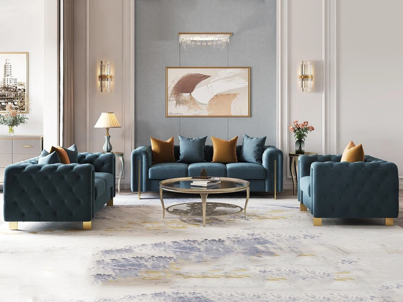Bộ sofa phong cách Mỹ gồm một băng ba và hai ghế đơn, bọc vải nhung màu xanh ngọc bích sang trọng, chân và viền kim loại m…