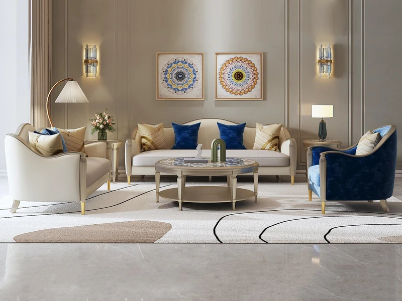 Toàn cảnh bộ sofa phong cách Mỹ SF619016-123 trong phòng khách sang trọng, gồm một sofa băng dài, một ghế đơn và một ghế b…