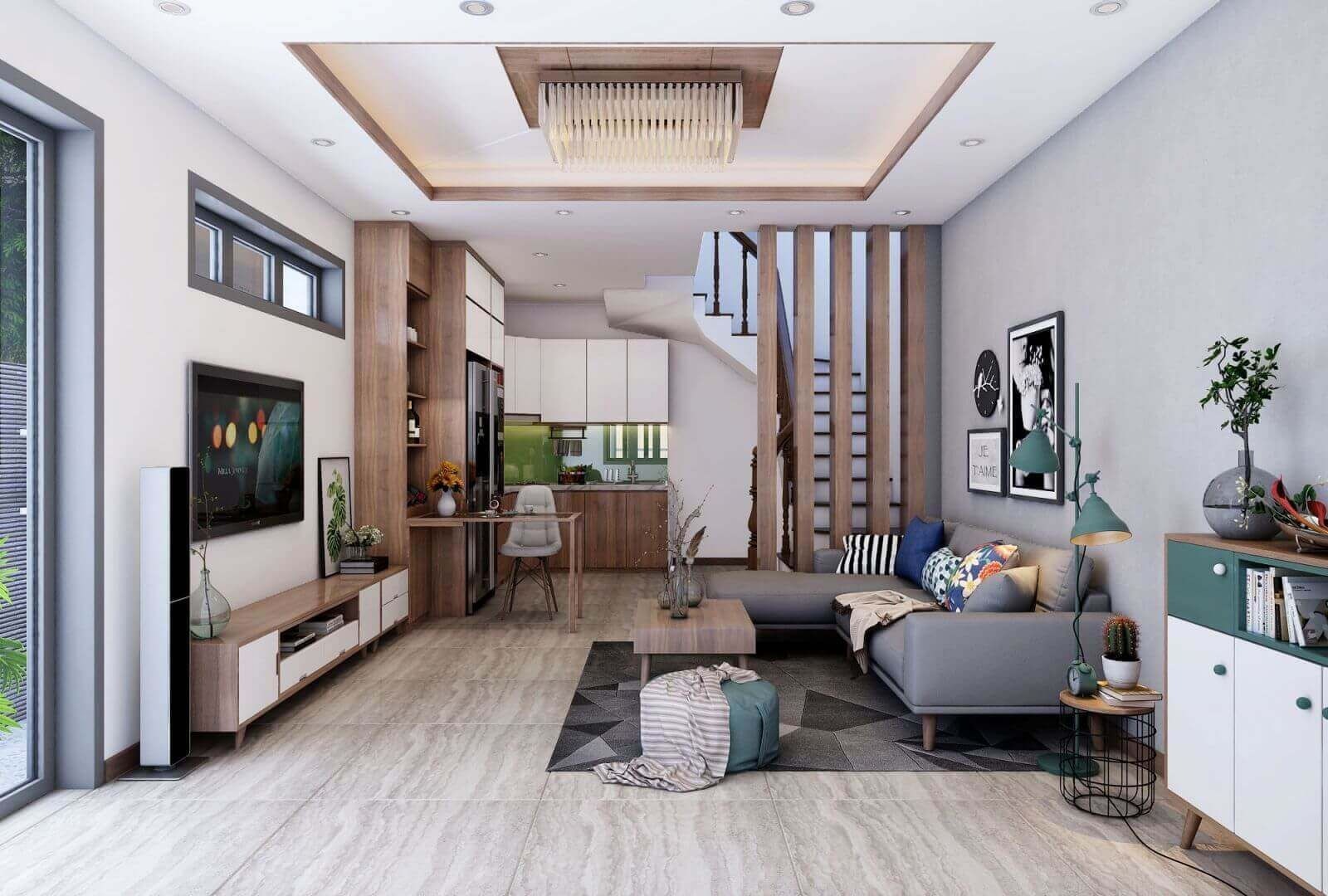 Bố trí sofa hiện đại tối giản giúp phòng khách nhà ống trông cân đối hơn