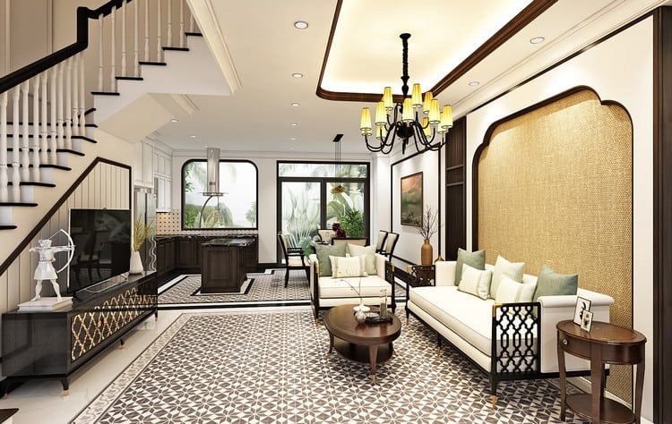 Không gian phòng khách nhà ống được tư vấn bố trí sofa phù hợp mặt tiền thực tế