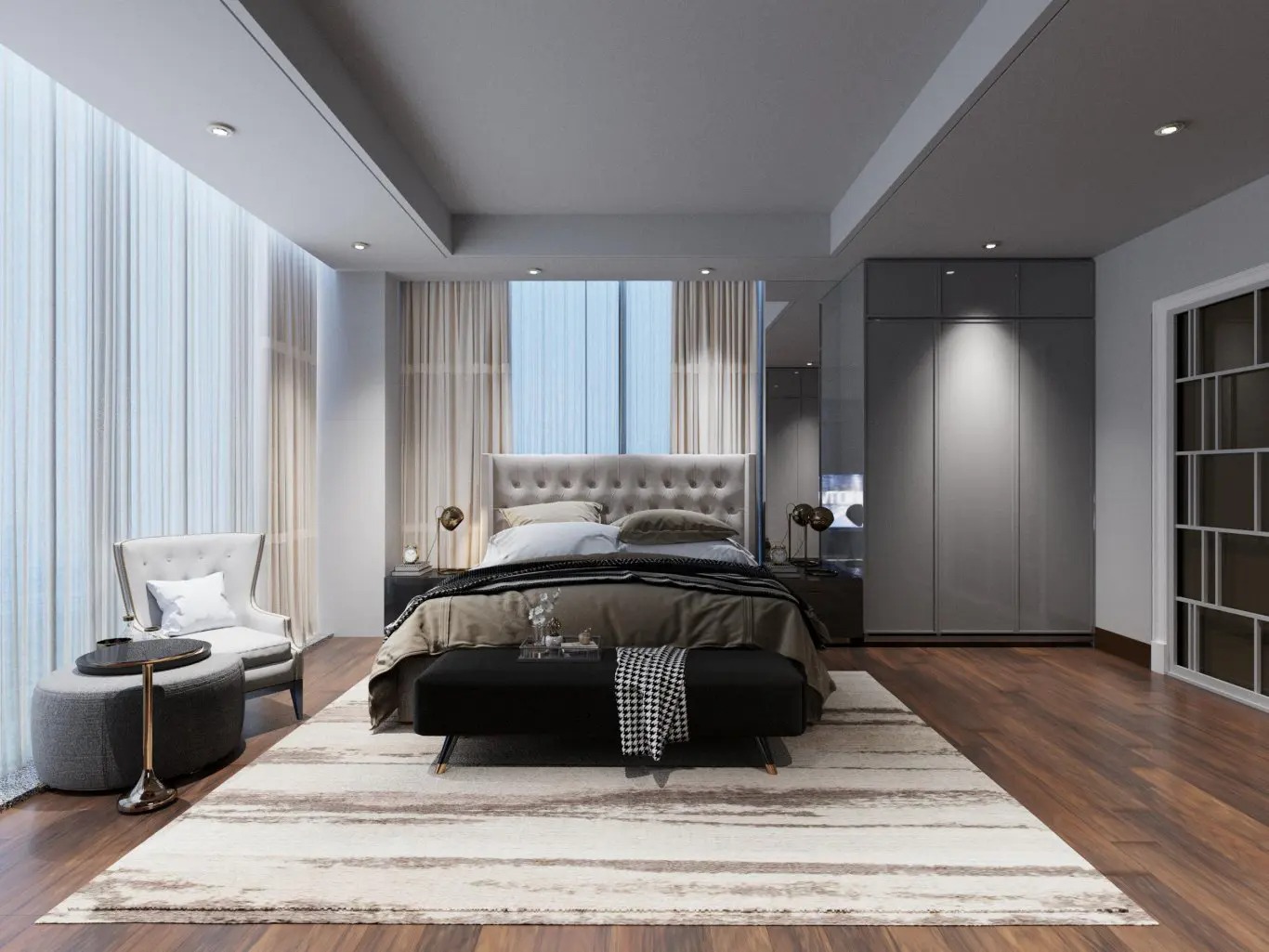 Phòng ngủ xám Scandinavian với cây xanh