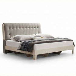 Giường ngủ hiện đại BN2464-18 được chụp cận cảnh từ góc thấp, nổi bật đầu giường bọc da nhân tạo màu be với các đường may…