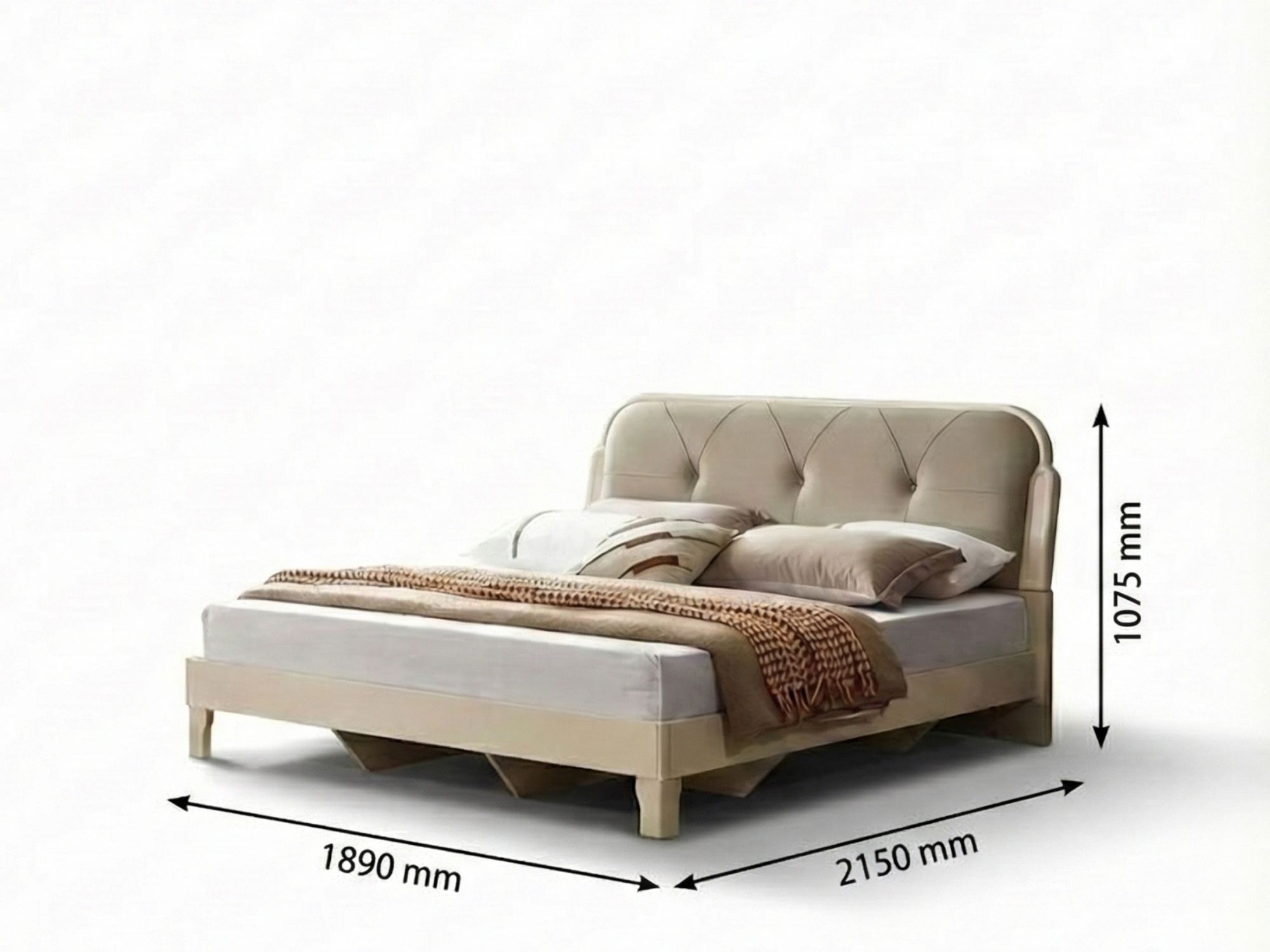Giường ngủ BN2463-18 chụp chính diện trên nền trắng, hiển thị rõ các thông số kích thước: dài 2150mm, rộng 1890mm và cao 1…