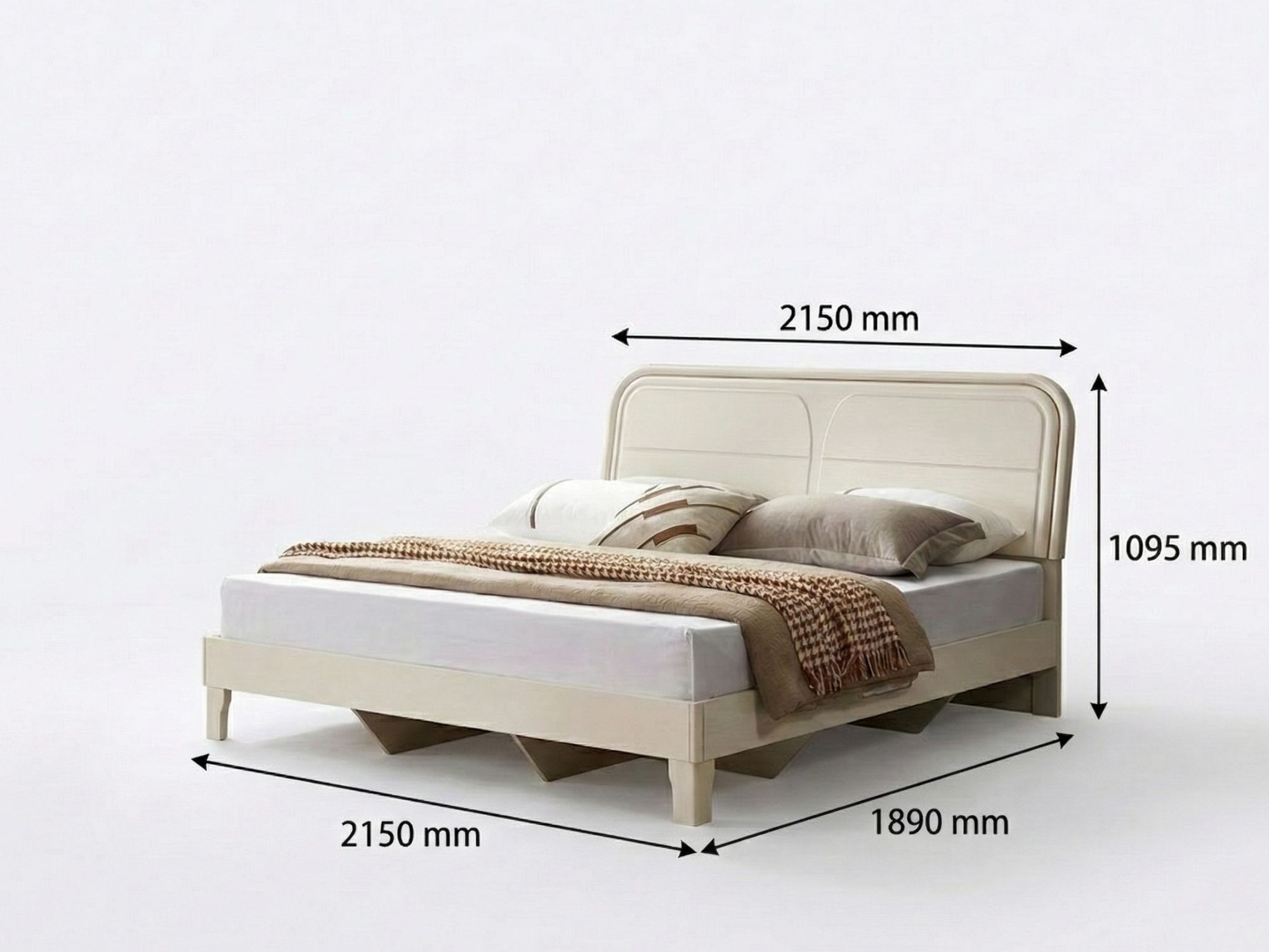 Giường ngủ hiện đại BN2461-5 màu kem, hiển thị rõ các kích thước L2150*W1890*H1095MM. Đầu giường bọc nệm êm ái, khung giườ…