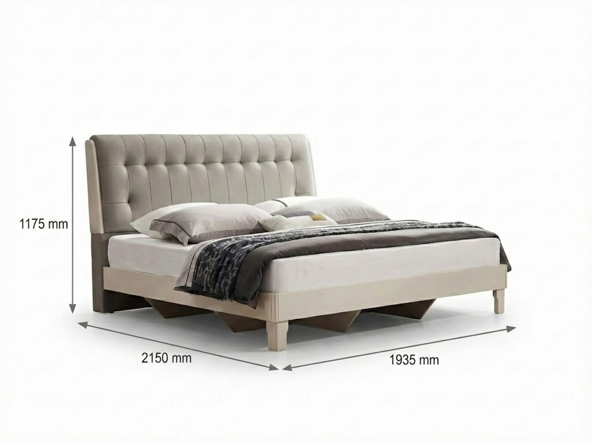Giường ngủ hiện đại BN2464-18 được thể hiện với các chú thích kích thước chi tiết (L2150*W1935*H1175MM). Đầu giường bọc da…