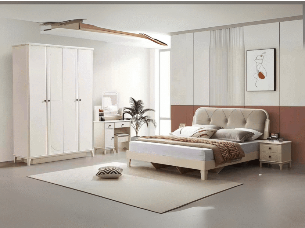Toàn cảnh bộ giường ngủ hiện đại BN2463-18 trong phòng ngủ tông màu kem và trắng. Giường 1m8x2m với đầu giường bọc da nhân…