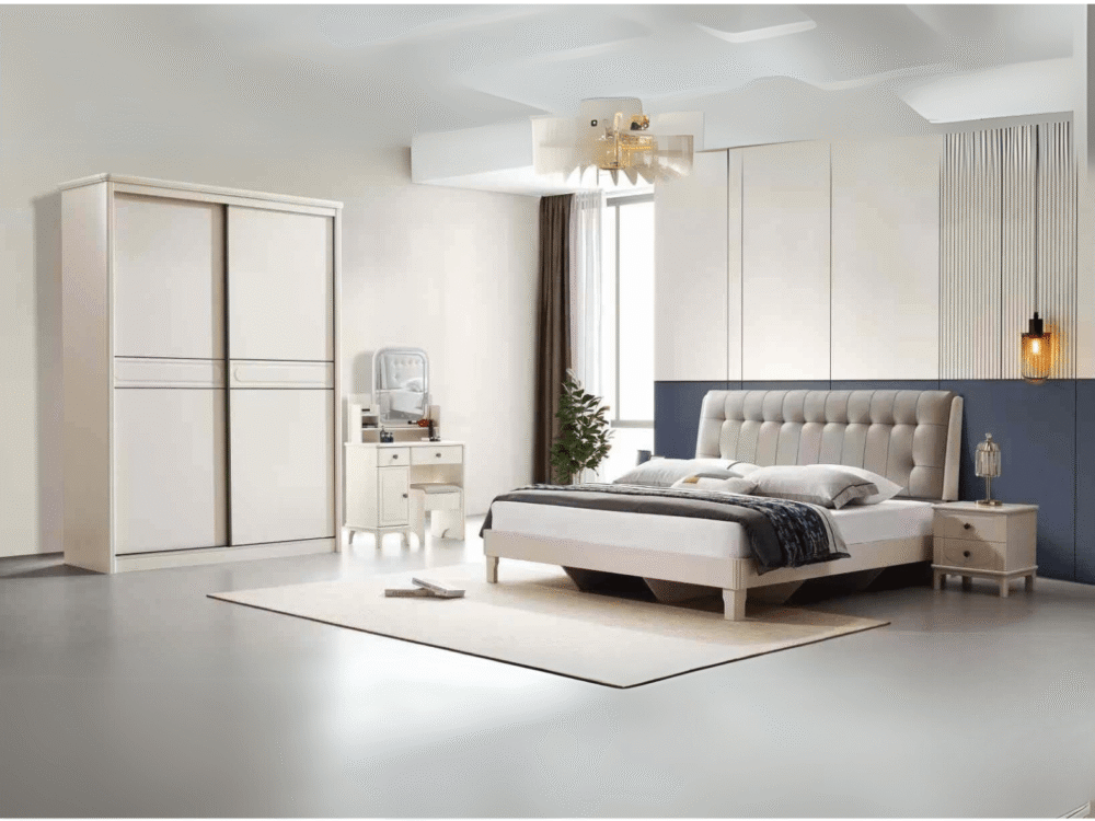 Toàn cảnh bộ phòng ngủ hiện đại BN2464-18 với tông màu trắng kem trang nhã. Giường ngủ có đầu giường bọc da nhân tạo màu b…