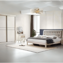 Toàn cảnh bộ phòng ngủ hiện đại BN2464-18 với tông màu trắng kem trang nhã. Giường ngủ có đầu giường bọc da nhân tạo màu b…