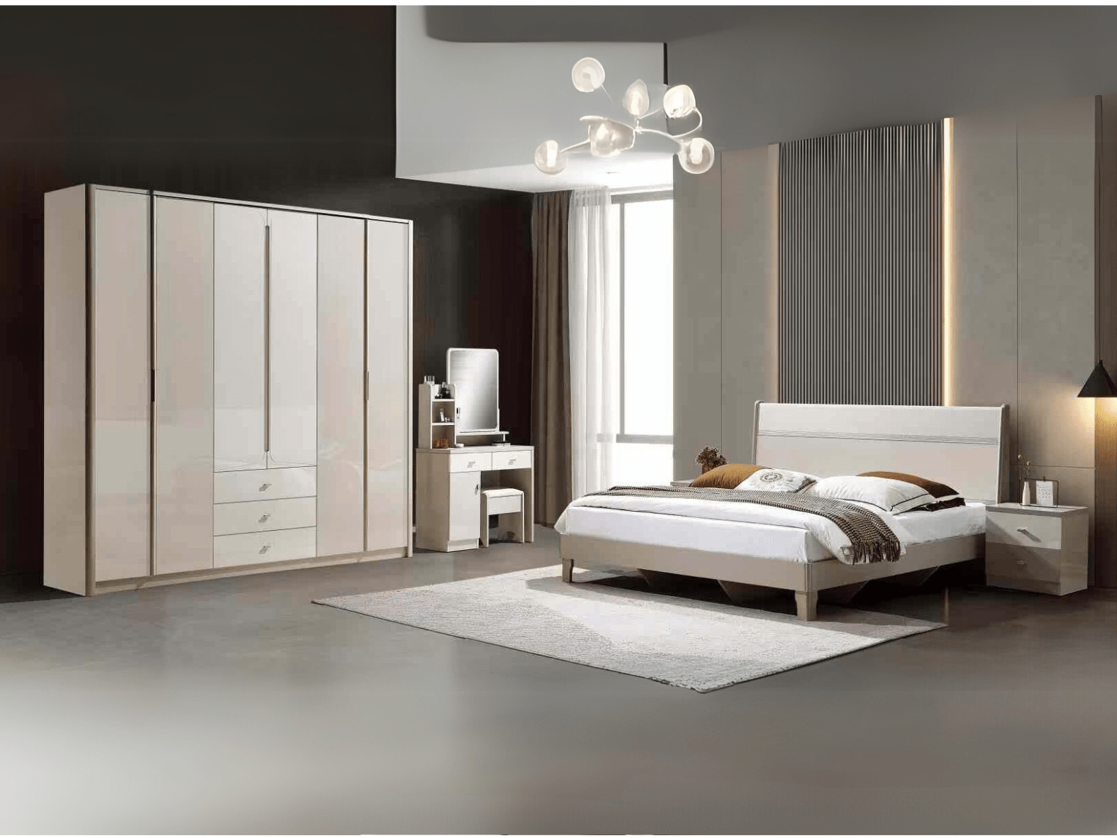 Toàn cảnh bộ giường ngủ BN2474-18 phong cách hiện đại, màu be sáng, đặt trong không gian phòng ngủ sang trọng. Bộ sản phẩm…