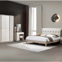 Toàn cảnh một phòng ngủ hiện đại với bộ giường ngủ BN2473-18 của Gia Khánh. Giường đôi lớn, tủ quần áo 4 cánh, bàn trang đ…