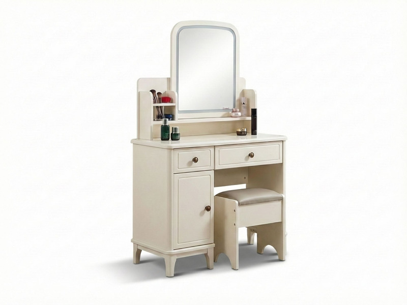 Bàn trang điểm hiện đại BN2463-18 màu kem, chụp chính diện trên nền trắng. Bàn có gương hình chữ nhật bo góc, tích hợp ngă…