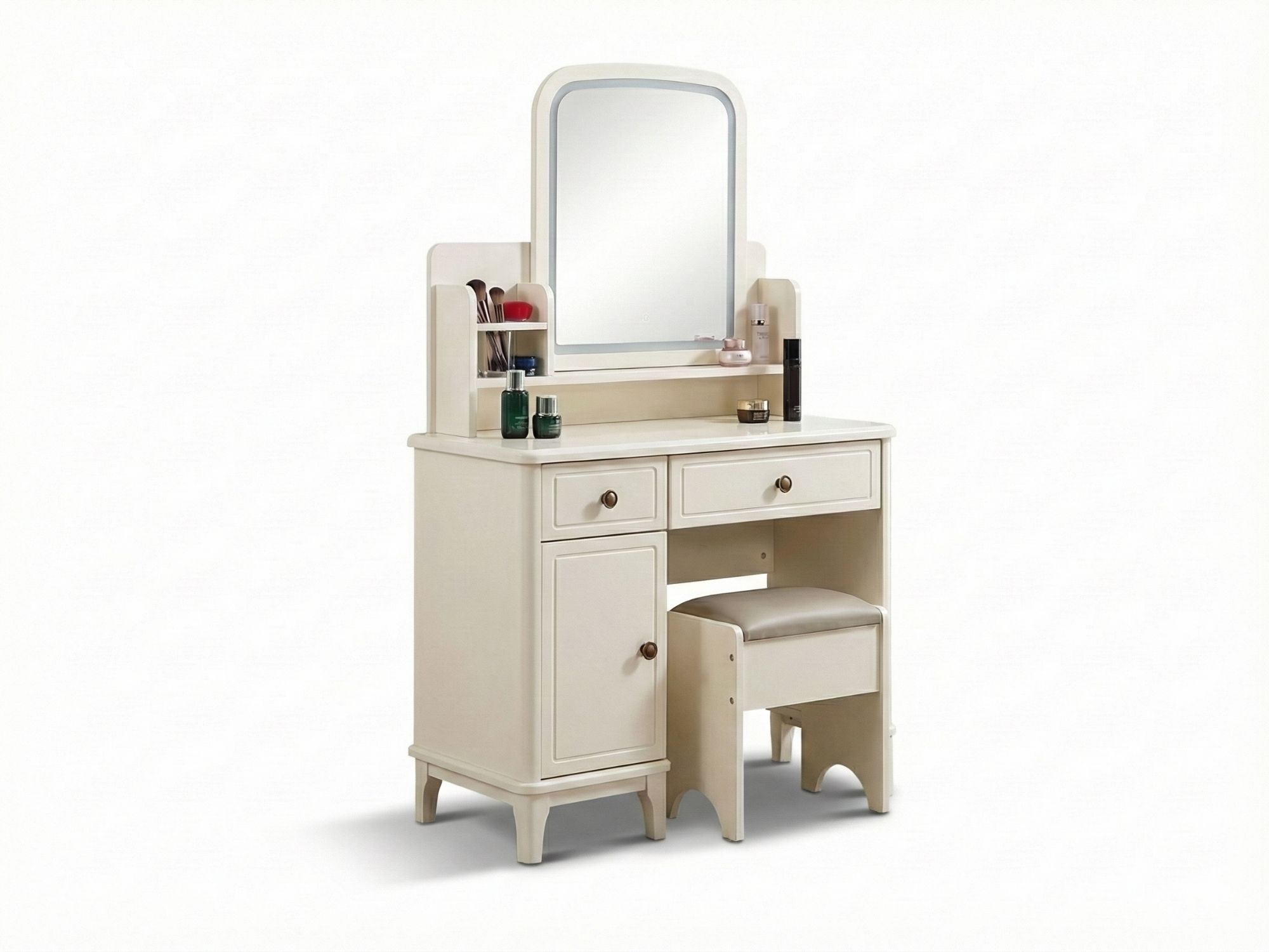 Bàn trang điểm hiện đại BN2463-18 màu kem, chụp chính diện trên nền trắng. Bàn có gương hình chữ nhật bo góc, tích hợp ngă…