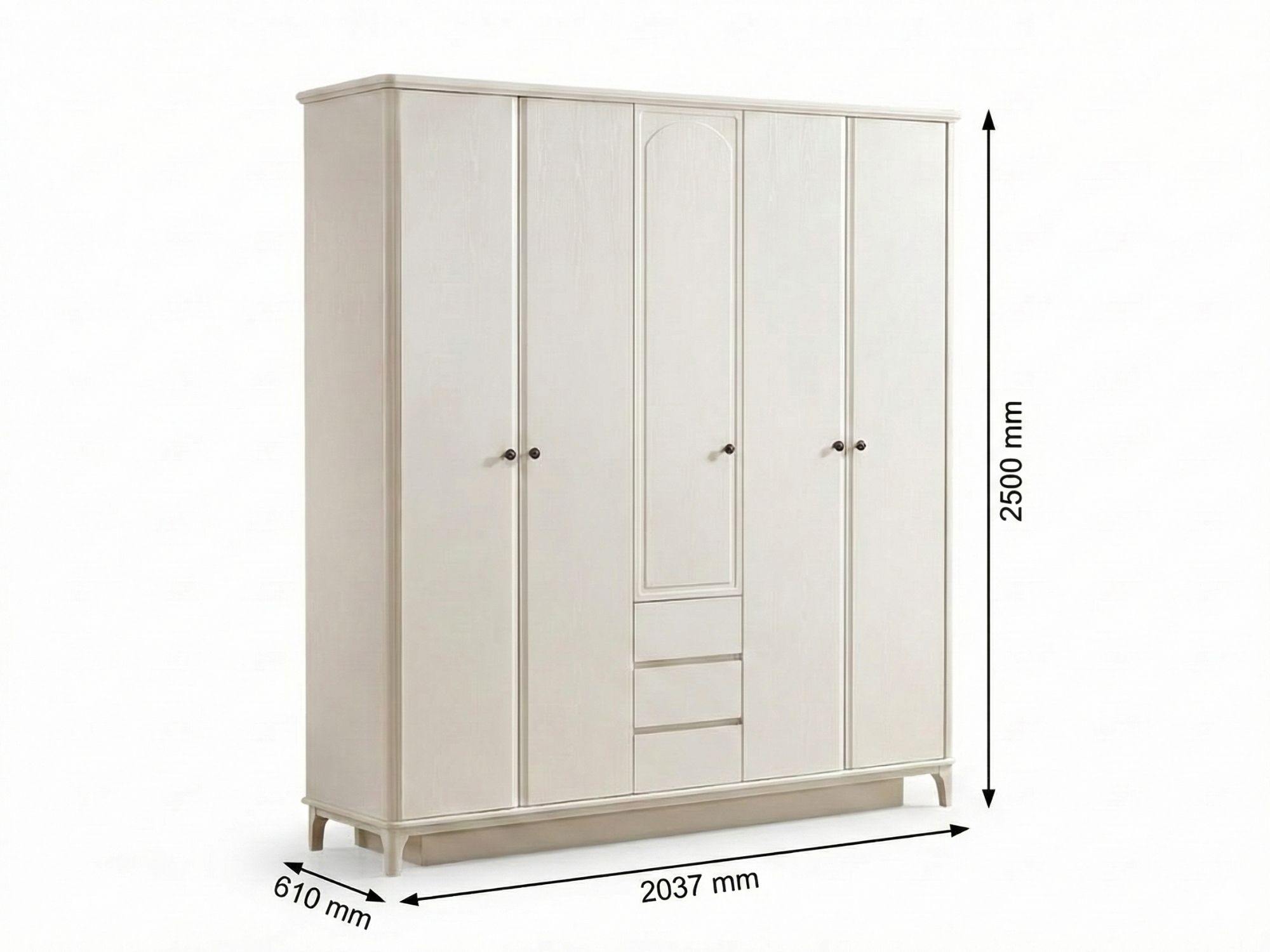 Tủ quần áo 5 cánh của bộ BN2461-5, màu kem, với chú thích kích thước L2037*W610*H2500MM. Tủ có thiết kế đứng, các cánh tủ…