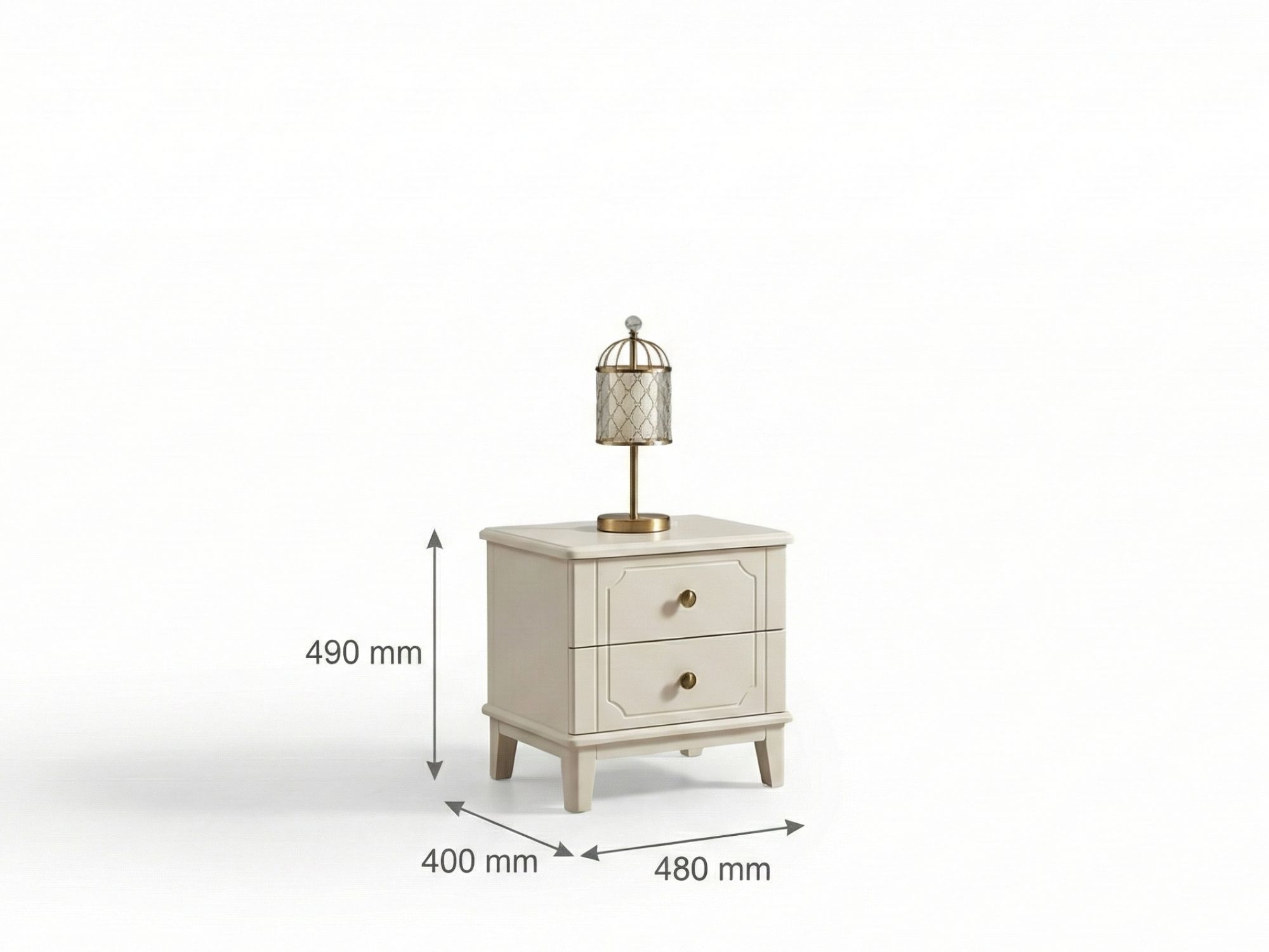 Tủ đầu giường hiện đại BN2464-18 được minh họa với chú thích kích thước (L480*W400*H490MM). Tủ có hai ngăn kéo tiện lợi, c…