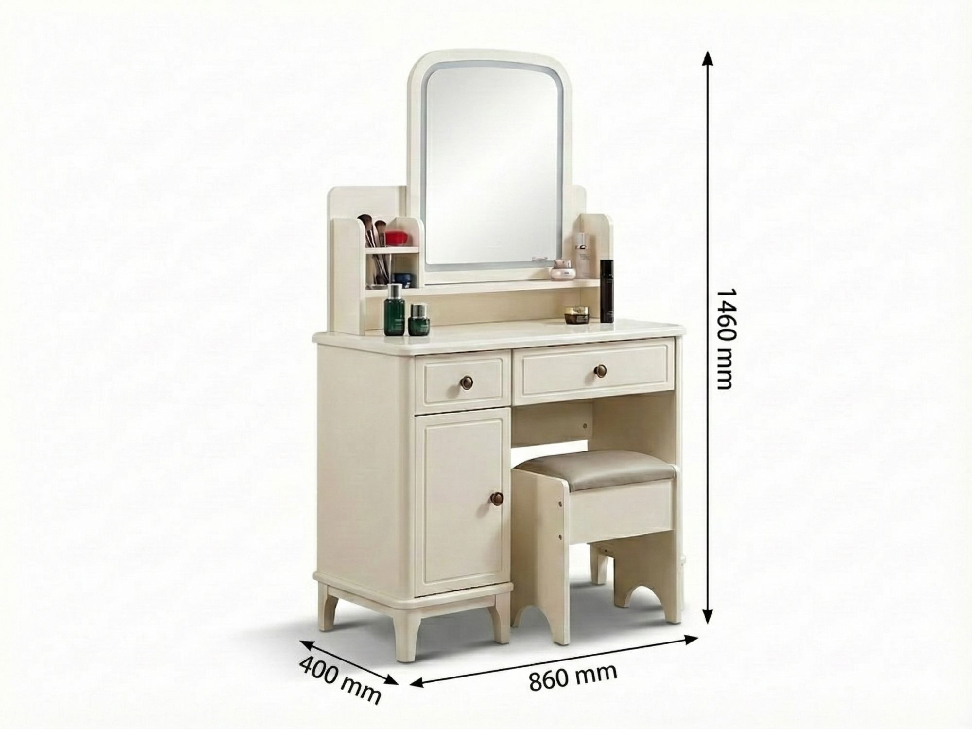 Bàn trang điểm hiện đại BN2463-18 chụp chính diện trên nền trắng, hiển thị chi tiết kích thước: dài 860mm, rộng 400mm và c…