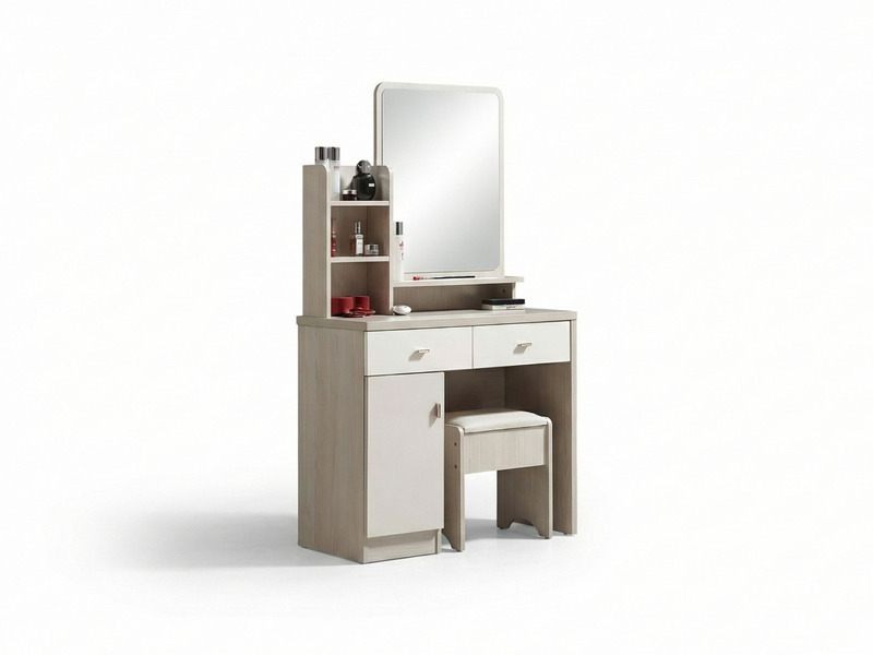 Bàn trang điểm hiện đại BN2473-18 của Gia Khánh kèm ghế đôn, chụp chính diện trên nền trắng. Bàn có gương hình chữ nhật lớ…