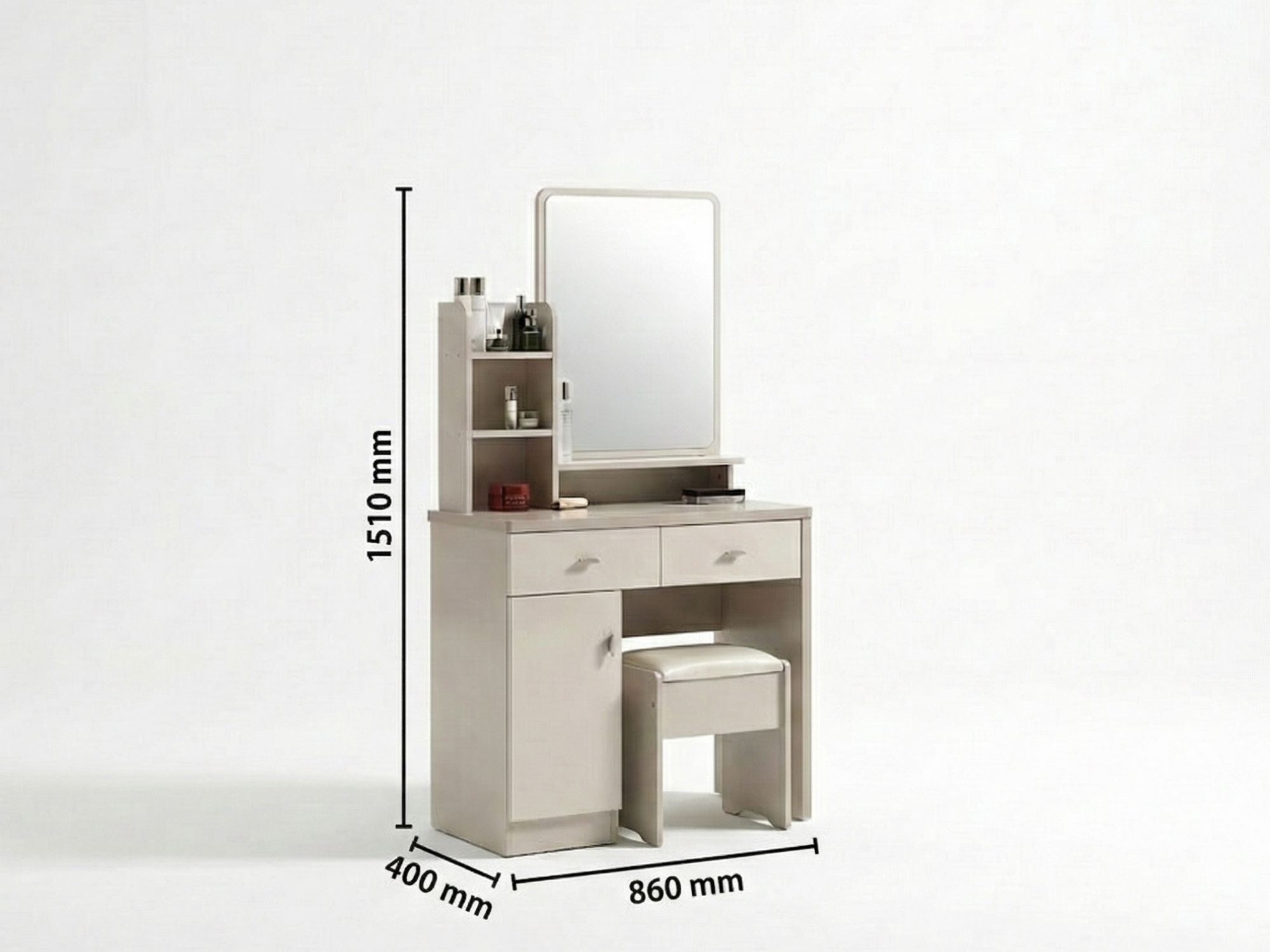 Bàn trang điểm BN2474-18 kèm gương và ghế đôn, hiển thị các kích thước chi tiết (L860*W400*H1510MM). Bàn có màu be sáng, t…