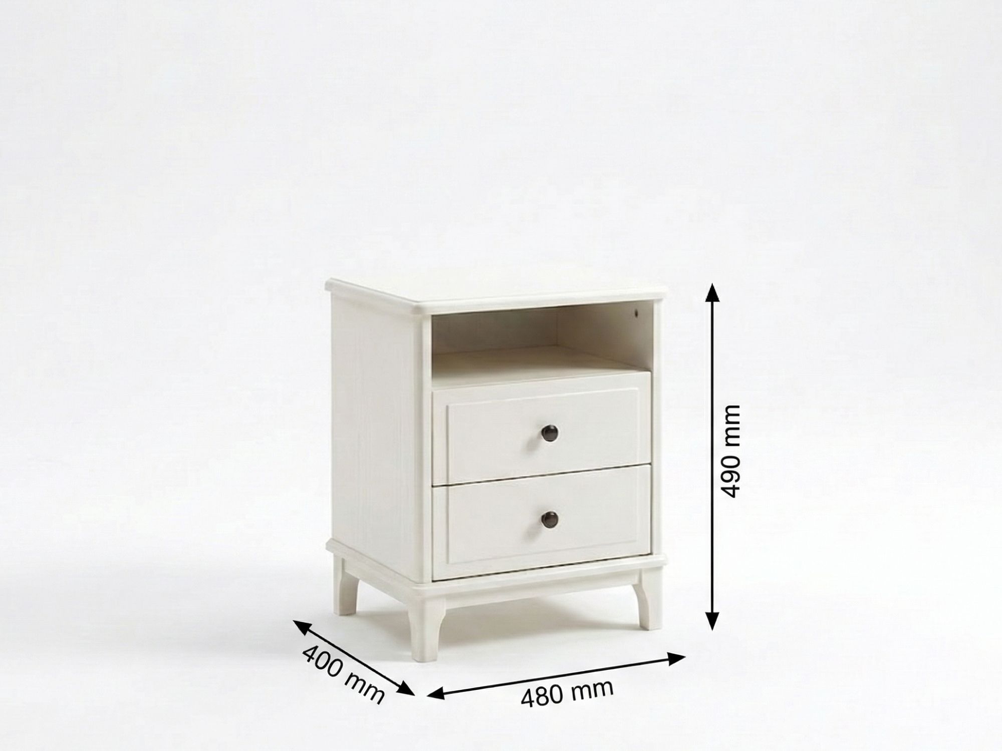 Tủ đầu giường hiện đại BN2461-5 màu kem, hiển thị kích thước chi tiết L480*W400*H490MM. Tủ có hai ngăn kéo tiện lợi để cất…