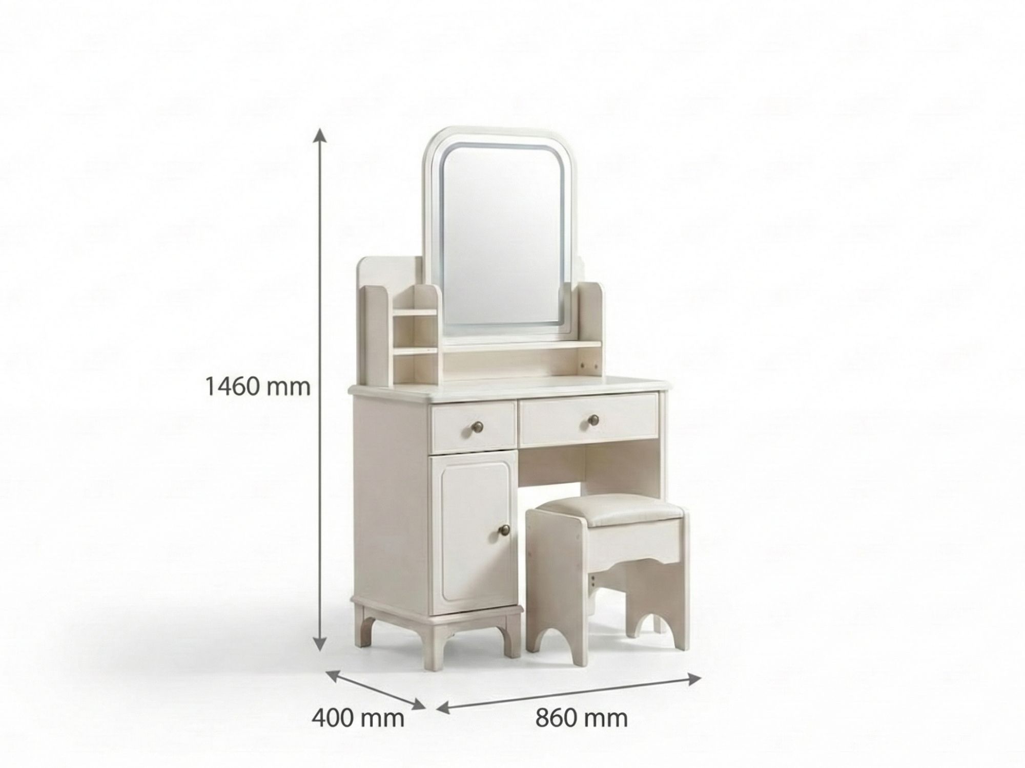 Bàn trang điểm hiện đại BN2464-18 với các chú thích kích thước rõ ràng (L860*W400*H1460MM). Bàn màu trắng kem, có gương hì…