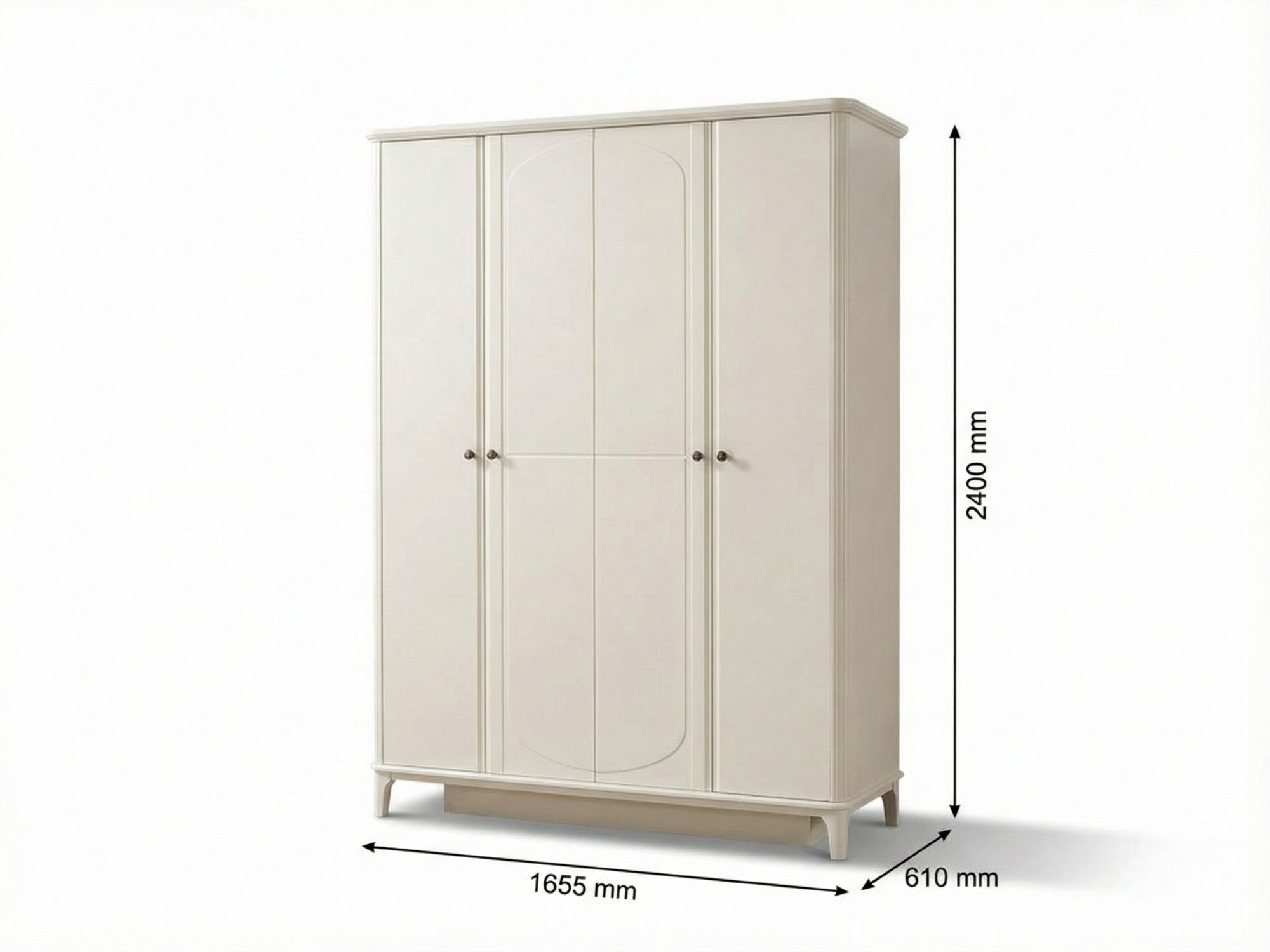 Tủ quần áo 4 cánh hiện đại BN2463-18 chụp chính diện trên nền trắng, hiển thị rõ các thông số kích thước: dài 1655mm, rộng…