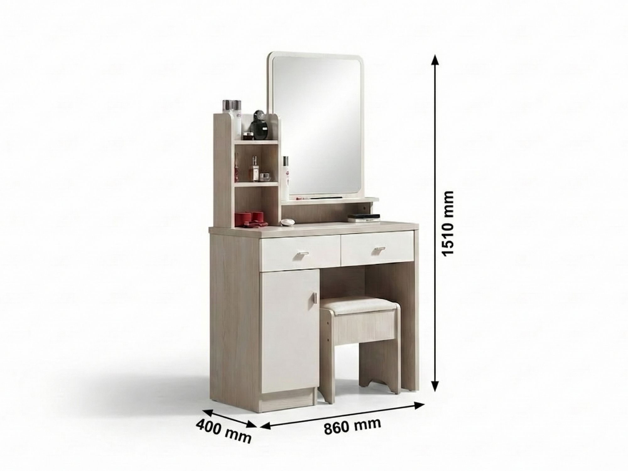 Bàn trang điểm BN2473-18 của Gia Khánh kèm gương và ghế đôn, chụp nghiêng, hiển thị kích thước. Bàn có nhiều ngăn kéo tiện…