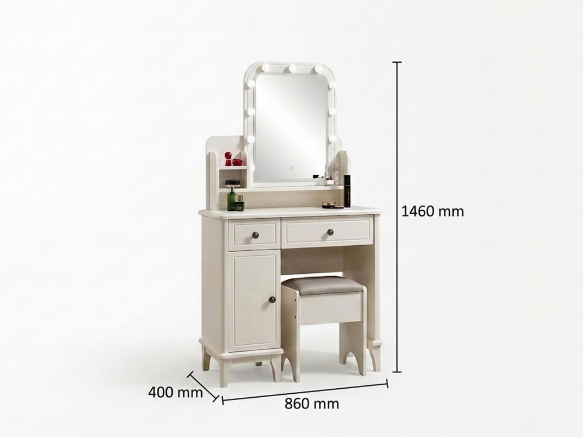 Bàn trang điểm hiện đại BN2461-5 màu kem, với chú thích kích thước L860*W400*H1460MM. Bàn có gương lớn, nhiều ngăn kéo và…