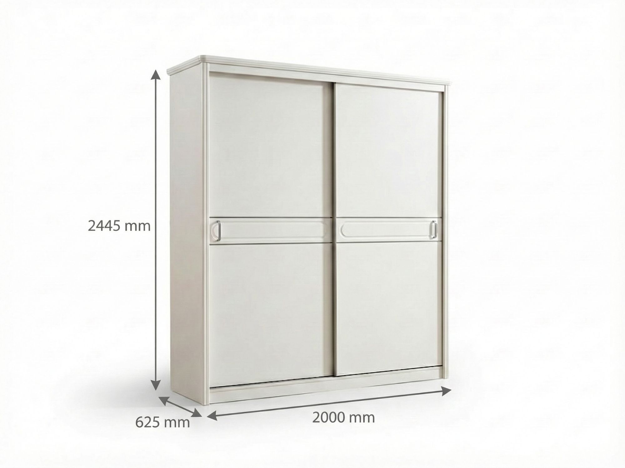 Tủ quần áo hiện đại BN2464-18 với hai cánh lùa, được hiển thị kèm chú thích kích thước (L2000*W625*H2445MM). Tủ màu trắng…