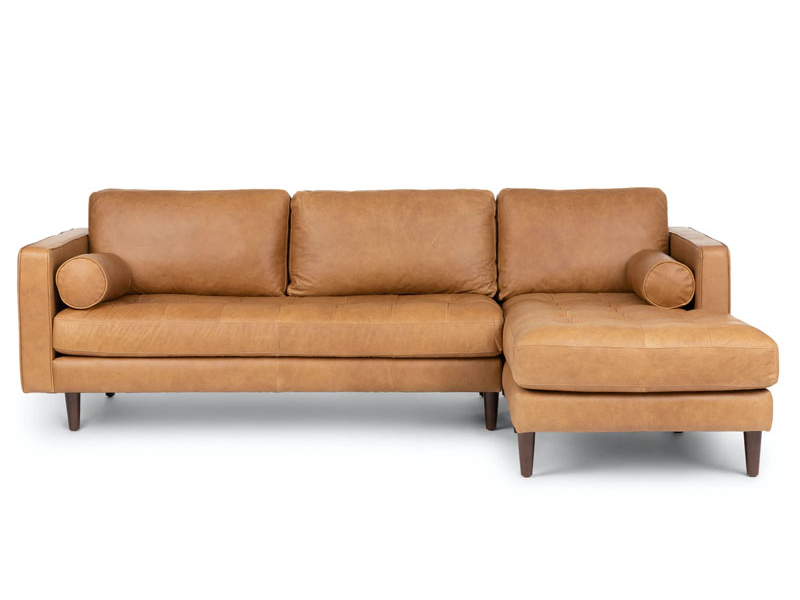 Sofa góc chữ L SF-433 bọc da công nghiệp màu nâu da bò, chụp chính diện. Thiết kế kết hợp sofa băng và đôn rời, tạo thành…