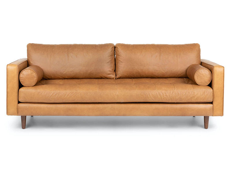 Sofa băng SF-433 bọc da công nghiệp màu nâu da bò, chụp chính diện từ phía trước. Ghế có kiểu dáng tối giản với đệm dày, t…
